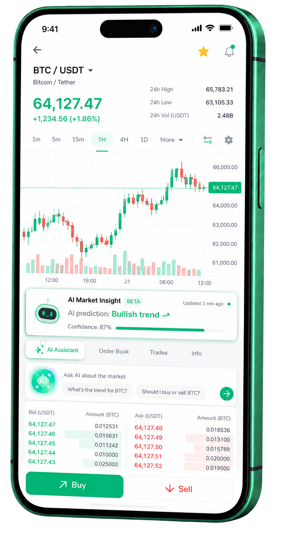 Aplicación móvil de trading Auge Monvera ejecutándose en un smartphone